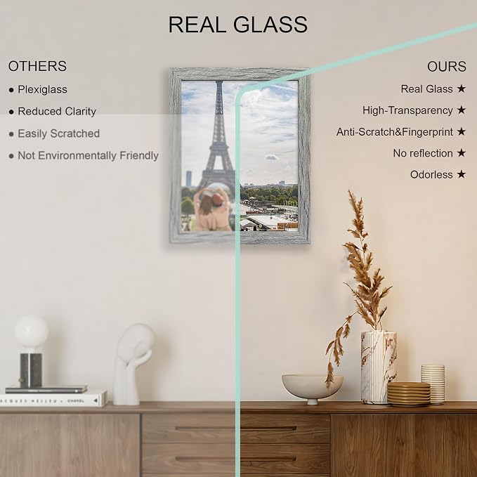 Hongkee 10x13 Picture Frame Set of 4, Made of Real Glass and Grey Frame, 10 by 13 Photo for Wall or Tabletop - Display Picture 8.5x11 with Mat or 10x13 Without Mat