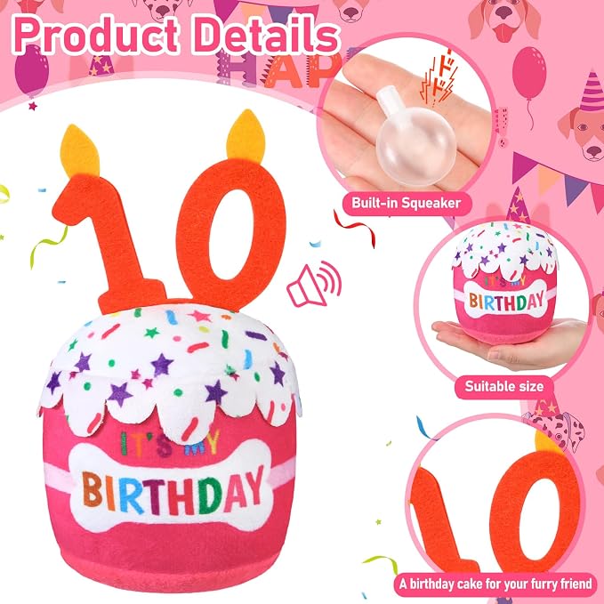 Dansydaisy Dog Birthday Cake Toy Squeaky Plush Gift,10th,Pink
