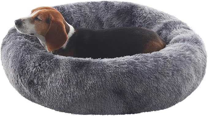 33 in Faux Fur Donut Dog Bed for Medium Plus Dogs,Tie-dye Grey | Calming Plush Round Fluffy Pet Bed with Removable & Washable Cover,Fits up to 65 lbs Pets