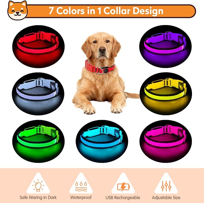 LED Dog Collar, Light Up Dog Collar,for Night Walking(Medium,Red) | Adjustable,Bright RGB 7 Colors Light Glowing Collar,Waterproof,Nylon,Soft,For Medium and Large Dogs,USB C to Charge