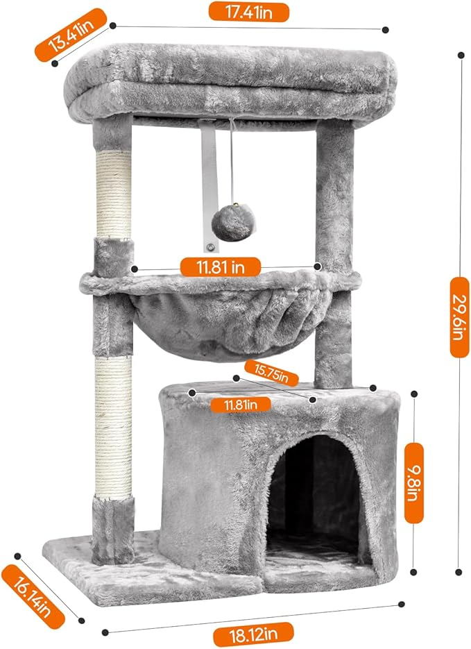 SYANDLVY Small Cat Tree for Indoor Cats, Activity Cat Tower with Scratching Post for Kittens, Modern Cat Furniture with Basket & Hanging Ball for Play Rest, Grey | Activity Cat Tower with Scratching Post, Basket & Hanging Ball for Play Rest, Grey