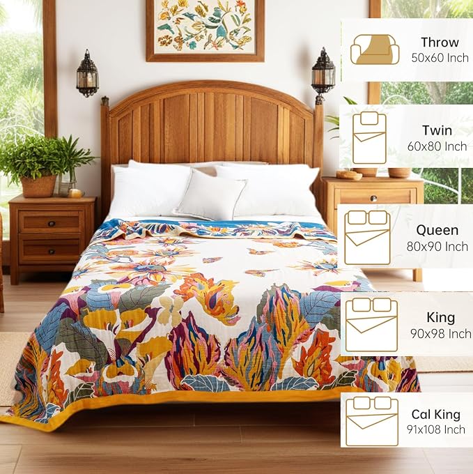 VANJOROY King Extra Large Boho Throw Blanket Oversized 91" x 108", 100% Organic Cotton Soft Bed Throw - Floral Bird Butterfly Pattern Farmhouse Blanket for Couch Sofa Chair and Gift.