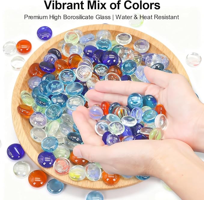 Decorative Glass Pebbles Flat Bottom Beads for Vase, Aquarium & Fish Tank | Mixed Color Glass Stones Vase Filler for Planter, Crafts, Home Art Decor (Mixed, 1 Pound)