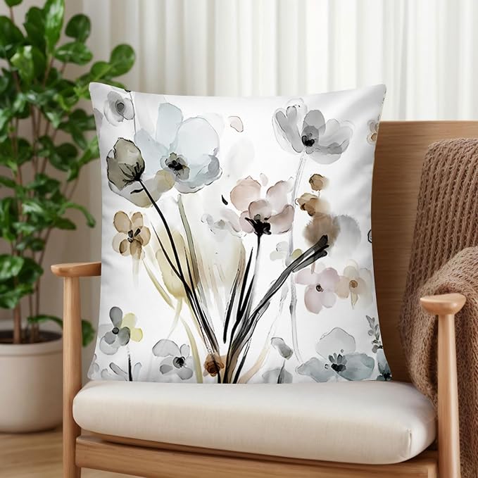 Watercolor Throw Pillow Covers 18x18 Set of 6, Botanical Floral Home Decor | Artistic floral, Standard Throw Pillow Size, Breathable Linen, Neutral flower, Couch Sofa Living Room, spring summer decor