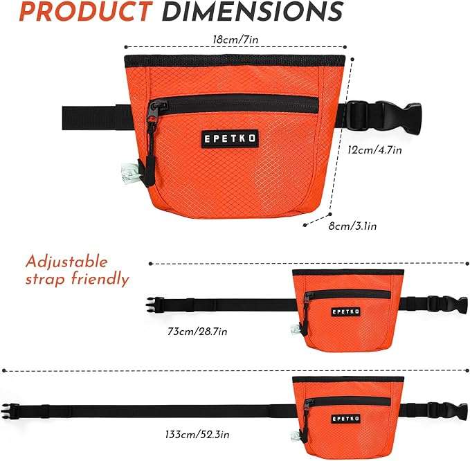 Dog Treat Pouch with Training Clicker, Treat Bag Fanny Pack with Magnetic and Zipper Closure Waterproof and Durable Treat Pouches for Pet Training Walking (Orange)