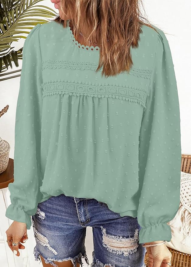 Womens Boho Tops Long Sleeve Shirts For Women Cute Crewneck Blouse Dressy Casual Swiss Dot Crochet Hollow Top 2026