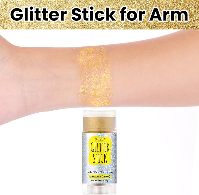 Brzeaf Golden Glitter Stick, Face Glitter Makeup, Shimmery & Long Lasting, Chunky Glitter for Face/Body/Hair/Eyes/Lip, Singer Concert Music Christmas Rave Festival