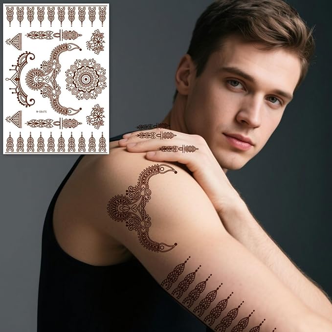 6 Sheets Henna Tattoos Temporary Stickers Reddish Brown Floral Geometric Waterproof Henna Tattoos for Women Indian Diwali Supplies Wedding Party Festivals Decoration