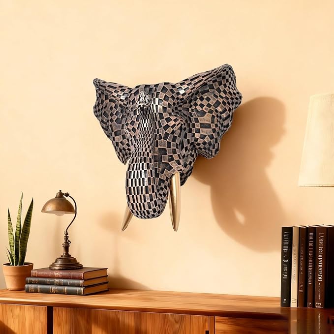 GIGICICI 9x7.8-Inch Vintage Mosaic Elephant Head Wall Sculpture Art Mount Statue for Room Bedroom Office Living Decor(Brown)