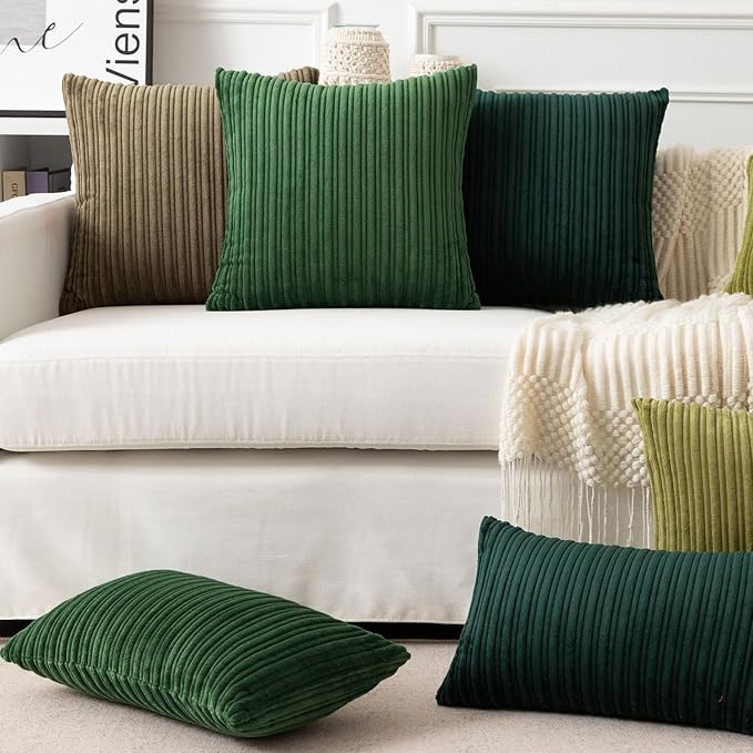 UGASA 12x20 Inch Lumbar Soft Throw Pillow Covers Striped Corduroy Decorative Both Sides Solid Rectangular Cushion Cases Boho Farmhouse for Couch Bedroom Sofa Home, Pack of 2, Christmas Green
