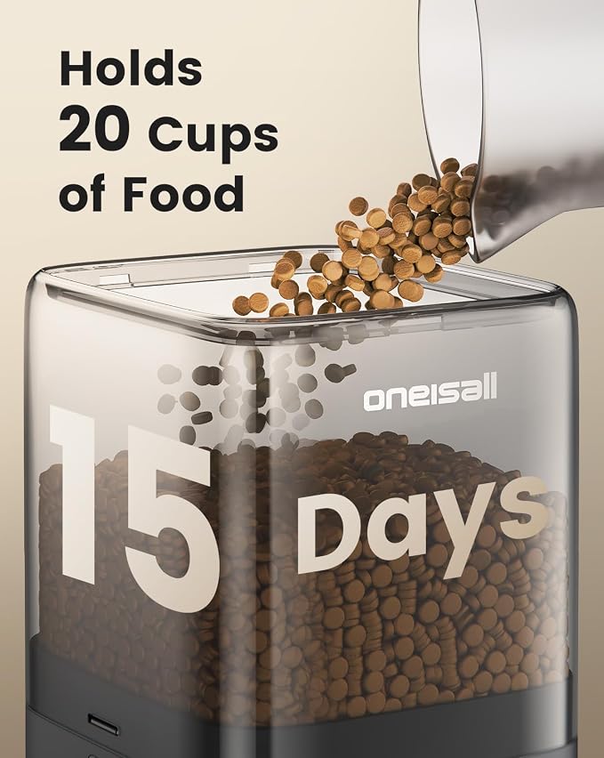 oneisall Automatic Cat Feeder for 2 Cats Pets, 20 Cups/5L | Prevent Fighting, Precise Portions, Balanced Dispensing, Large Kibble Support, Non-Slip & Stable, Stainless Steel Bowls