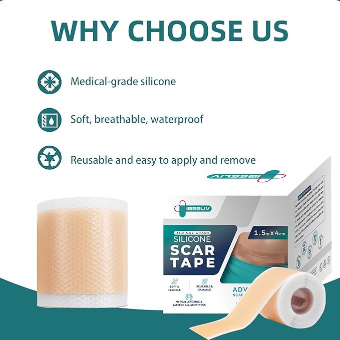 Silicone Scar Tape for Surgical Scars: Medical Grade Scar Gel Sheets for C-Section Tummy Tuck Recovery and Treatment – Reusable Scar Strips for Keloid Burn Acne Scars Removal (1.6'' x 60''Roll-1.5M)