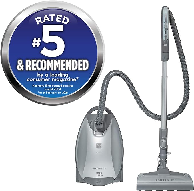 Kenmore Elite 21814 Pet Friendly CrossOver Lightweight Bagged HEPA Canister Vacuum with Pet PowerMate, Extended Telescoping Wand, Retractable Cord, 2 Floor Nozzles, and 4 Cleaning Tools-Silver/Gray | Pet PowerMate, Extended Telescoping Wand, Retractabl...
