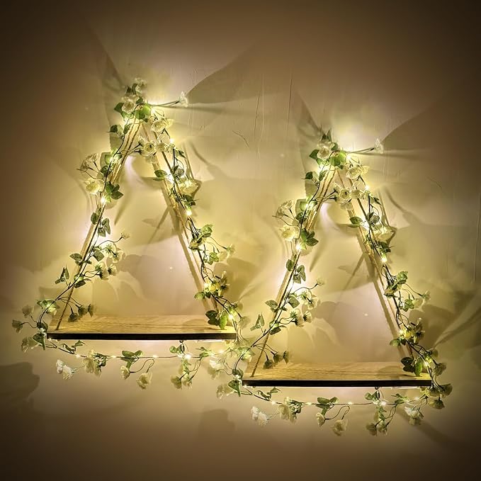 RICHER HOUSE Hanging Floating Shelves No Drill, Macrame Plant Wall Shelf | 2 Set Boho Trinket Shelf with Artificial Ivy and LED Lights, Cute Wall Art Aesthetic Decor, for Bedroom, Two-Way Install