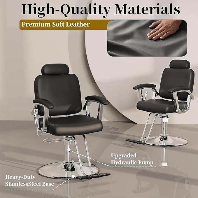 Baasha Premium Silver Reclining Salon Chair with Removable Headrest, All-Purpose Hydraulic Barber Chair, Soft PU Leather, 360° Swivel, 135° Recline, Heavy-Duty Steel Frame, 330 lbs Capacity