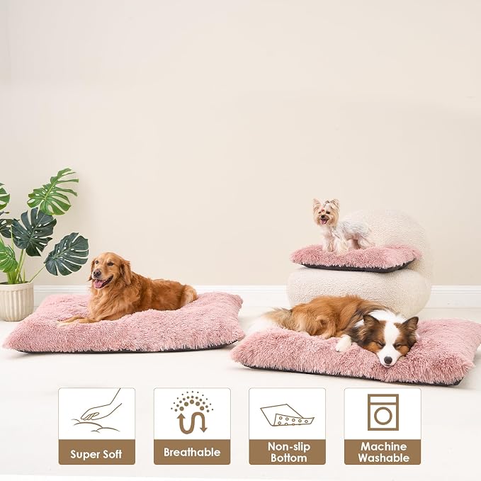 EHEYCIGA Fluffy Dog Crate Bed, Plush Extra Large Dog Pillow, Pink | Xlarge Calming Anti Anxiety Plush Faux Fur Mat for Large size dogs, Washable Soft Warm Dog Pad with Non-Slip Bottom