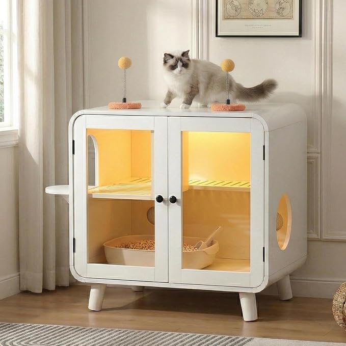 30.7 Inch Cat Litter Box Enclosure Furniture with Stairs, White | RGB LED Light, Dual Glass Doors, Litter Leak Walkway, Pom-Pom Toys, Side Stairs and 220 lb Top Capacity for Indoor Cat Care
