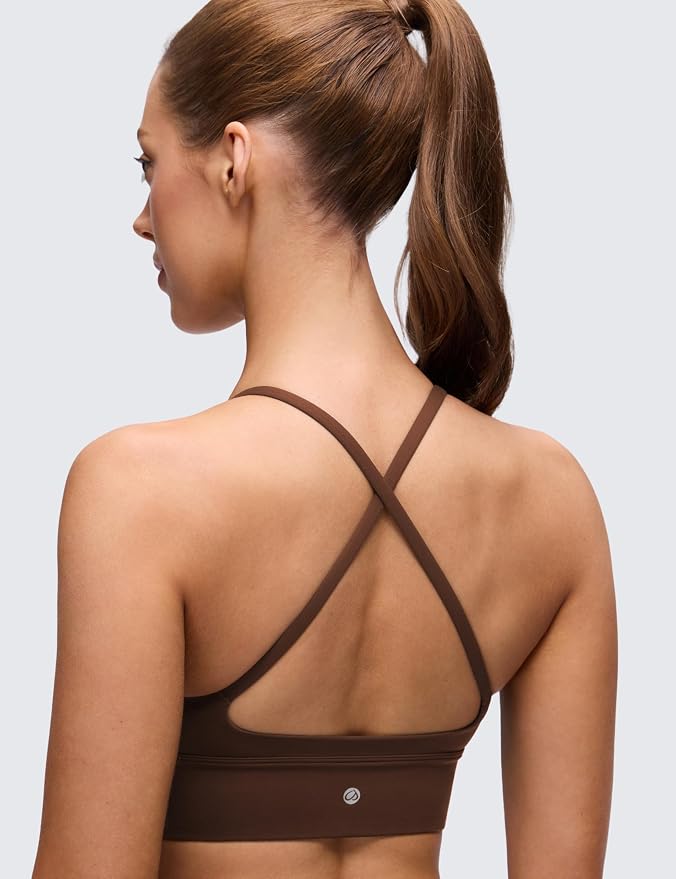 CRZ YOGA Butterluxe Thin Straps Cross Back Longline Sports Bras for Women - Padded V Neck Yoga Crop Top