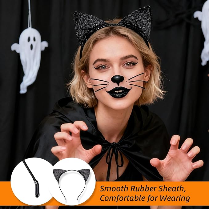 Halloween Black Cat Makeup Kit, Ears Headband, Lipstick, and Eyeliner, Costume Accessories for Black Cat Cosplay Party SFX Makeup