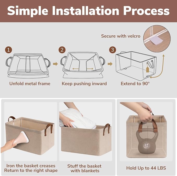 CHICVITA Extra Large Fabric Storage Bins, Metal Frame, 2-Pack, Brown | 45L, 19" L x 13" W x 11" H, Collapsible Design, Blankets, Toys & Home Essentials Storage, Closet & Shelves Organization
