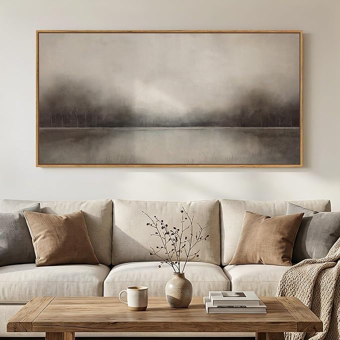 Large Framed Neutal Abstract Landscape Wall Art for Living Room, 60x30 In | Rustic lake paintings, Canvas prints, Wood frame, Horizontal nature pictures, Modern artwork, Wall decor for bedroom office