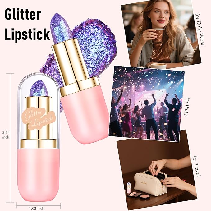 Glitter Lipstick Makeup, Rose Gold Holographic Metallic Lip Stick Long Lasting Lightweight Non-Sticky Hydrating Lip Tinted Full Coverage Sparkling Chameleon Lipstick for Women