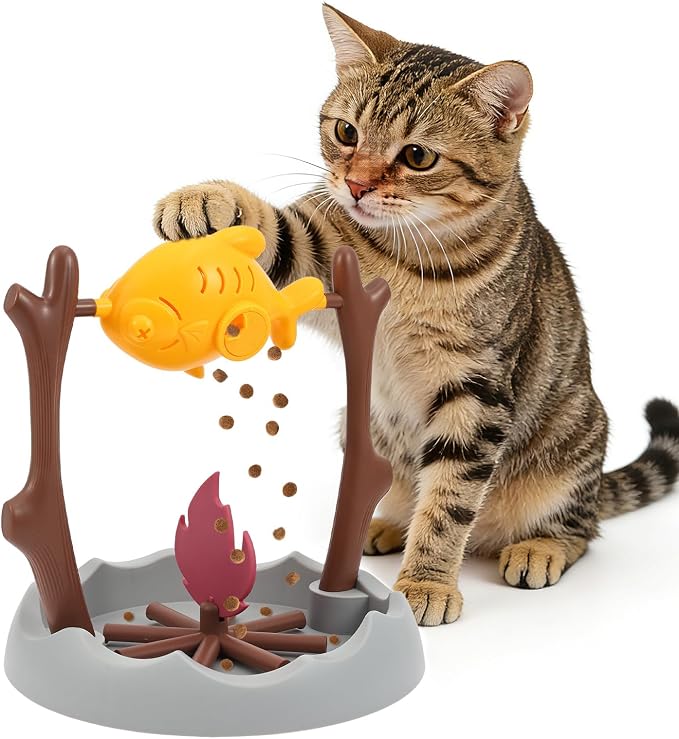 Cat BBQ Toy Treat Dispensing Slow Feeder Bowl, Unique Rotatable Fish and Flame Cognitive Training Game Enrichment Interactive Stimulation Toy for Indoor Kitty(Yellow)