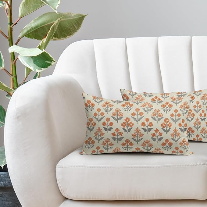 Orange Grey Gray Floral Pillow Covers 12x20 Inch Set of 2, Block Print Lumbar Flower Cream Decorative Throw Pillowcases Outdoor Farmhouse Rectangle Cushion Covers Spring Summer Sofa Couch Bed Decor