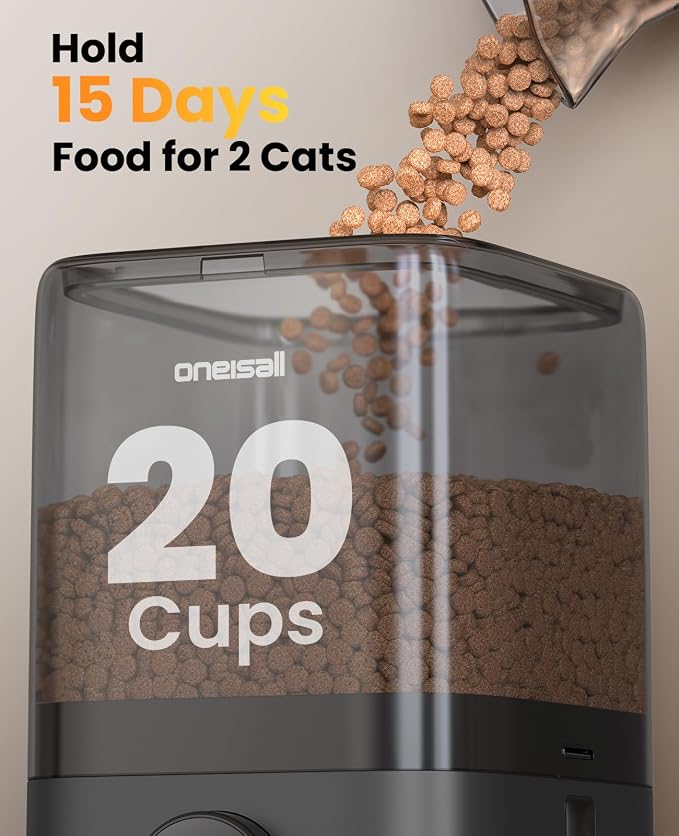 oneisall 2.4G Cordless Automatic Cat Feeder, 20 Cups/5L | 100-Day Rechargeable Battery Life, Time Meal, App Remote Control, Large Kibble, Timed Meals, Feed Now, Precise Portions