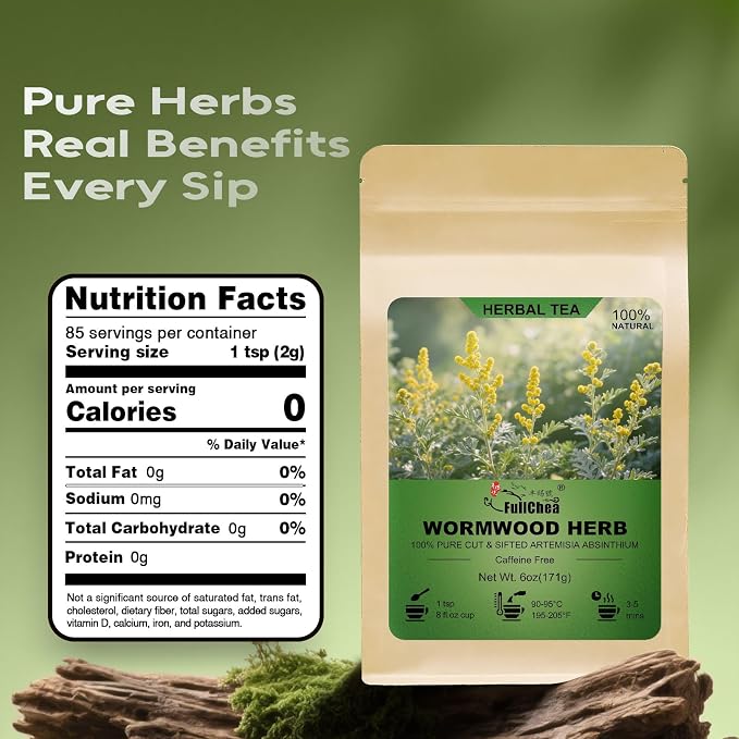 FullChea – Wormwood Herb, 6oz/171g Cut & Sifted Artemisia Absinthium – Pure Dried Wormwood Tea Leaves, No Additives, Resealable Pouch for Freshness – Ideal for Daily Herbal Tea & Traditional Use