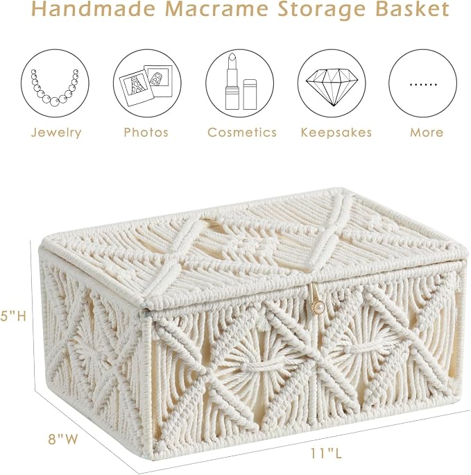 Decorative Boho Storage Baskets with Lid Natural Macrame Boxes | Handmade Cotton Rope Woven Bins, Shelf Desk Organizer Container for Jewelry Memory Keepsake Photo Makeup, Off White, Large