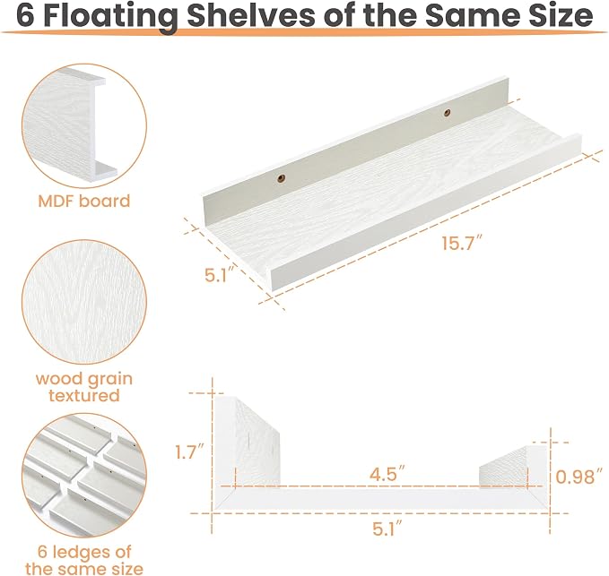 upsimples Floating Shelves for Wall Decor and Storage, White, 6Pcs 15.7'' | Wall Mounted Wood Shelves for Living Room, Bedroom, Bathroom, Kitchen, Office, Laundry Room Display and Organize