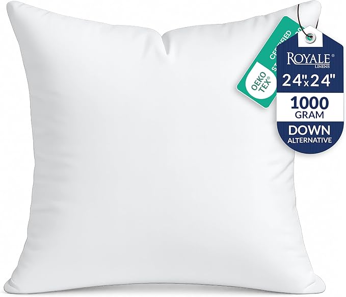 ROYALE LINENS 24 x 24 Pillow Insert - Down Alternative Throw Pillows Insert - Square Pillow Pack of 1 White - Bed & Couch Pillows - Inner Cushion for Bed, Cushion for Living Room - Shams Stuffer