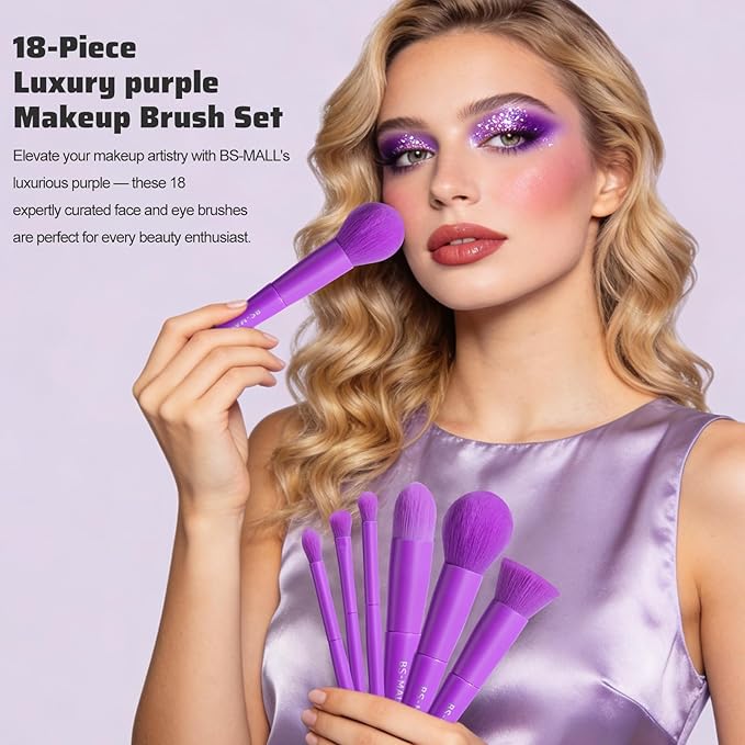 BS-MALL Makeup Brush Set 18 Pcs Premium Synthetic Foundation Powder Concealers Eye shadows Blush Makeup Brushes with Case (Purple)