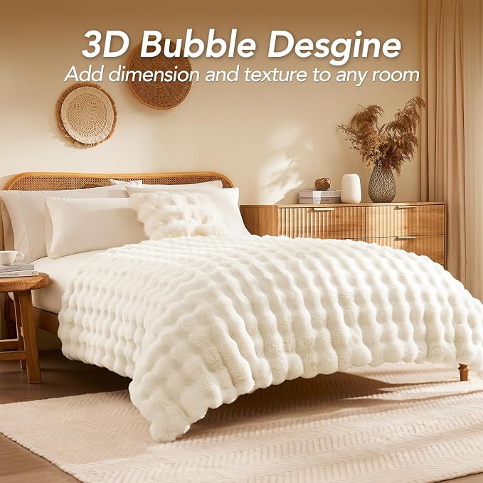 L'AGRATY Faux Rabbit Fur Throw Blanket for Couch, 90'' x 90'', Cream White | Soft Cozy Bubble Fluffy Blanket for Sofa Bed, Thick Warm Plush Fuzzy Throw for Room Home Decor, Luxury Gift for Women Mom