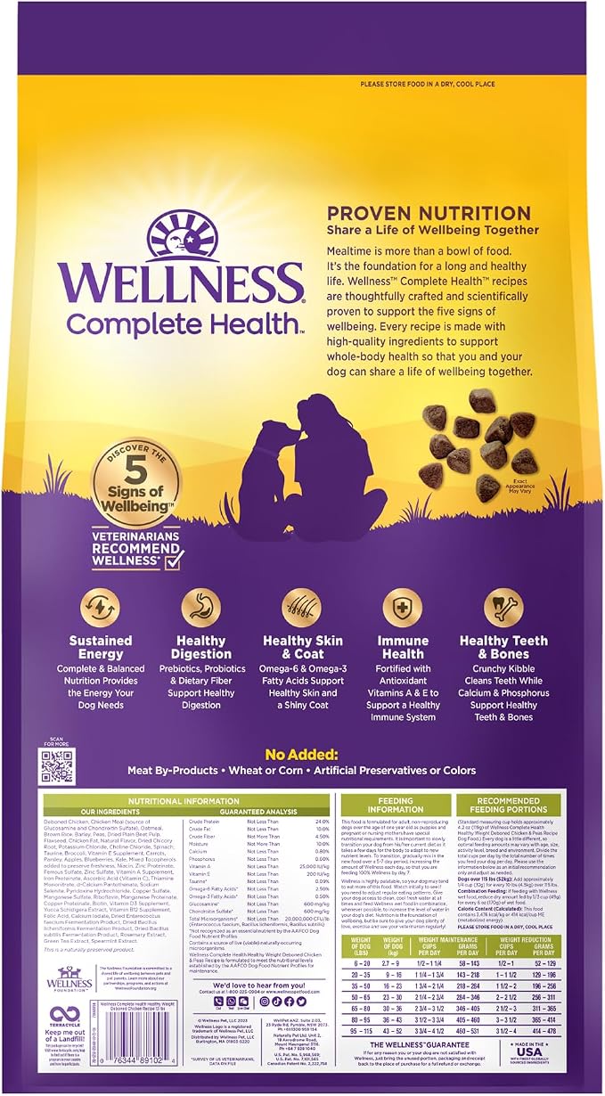 Wellness Complete Health Healthy Weight Adult Dry Dog Food, Wholesome Grain Kibble, Chicken and Peas Recipe, 13 lb Bag