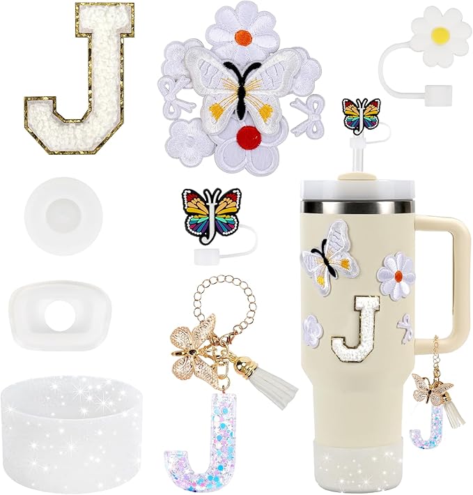 15PCS Cup Accessories Set for Stanley Cup 30oz 40oz Tumbler with Handle, Including Silicone Straw Cover and Boot, Spill Proof Stopper, Stanley Charms, Handle Charm, Initials Sticker