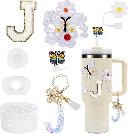 15PCS Cup Accessories Set for Stanley Cup 30oz 40oz Tumbler with Handle, Including Silicone Straw Cover and Boot, Spill Proof Stopper, Stanley Charms, Handle Charm, Initials Sticker