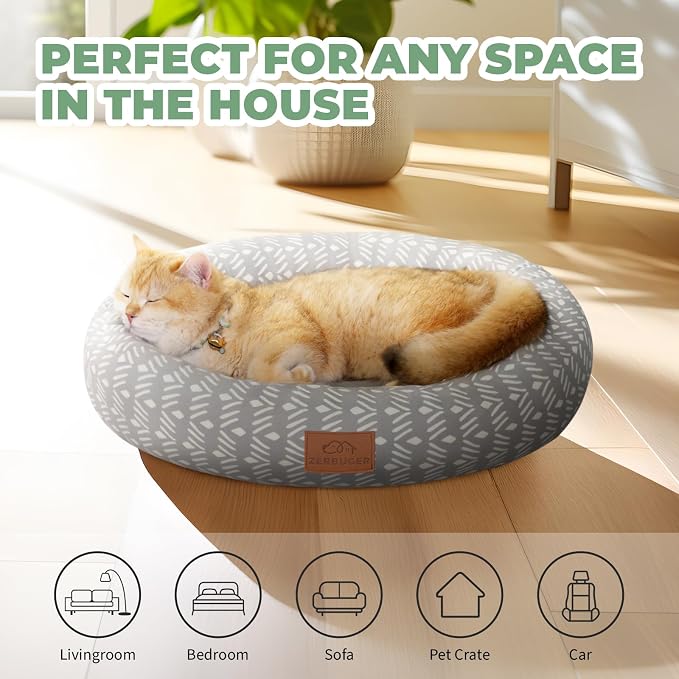 Zerbuger 20in Grey Pattern Round Dog Bed Sofa for Dogs Cats, Washable | for Small/Medium/Large Dogs Cats, Foam Pet Couch with Removable Mat Non-Slip Bottom, Pet Cuddler for Indoor/Outdoor/Car/Cage