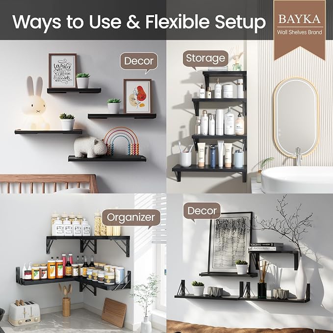 BAYKA Wall Mounted Floating Bathroom Shelves, Wood Floating Wall Shelf for Bathroom Essentials & Decor, Small Space-Saving Display & Organizer（Black，Set of 3）