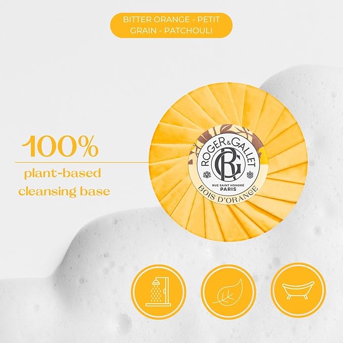 ROGER & GALLET Bois d'Orange Beneficial Soap Bar - All Natural Round Soap Bars for Men & Women - Enriched with Bitter Orange Essence - Luxurious Woody Patchouli Aroma - 100g