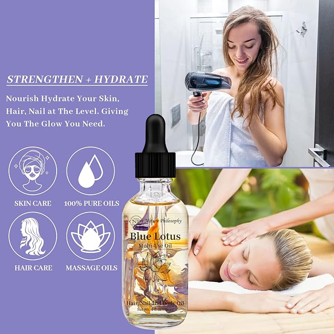 Blue Lotus Multi-Use Body Oil for Face, Hair & Skin – Lightweight Botanical Oil with Jojoba & Camellia Seed Oil, Hydrating Plant Fragrant Oil for Dry Skin, Scalp & Nails – 2 Fl Oz (60ml)