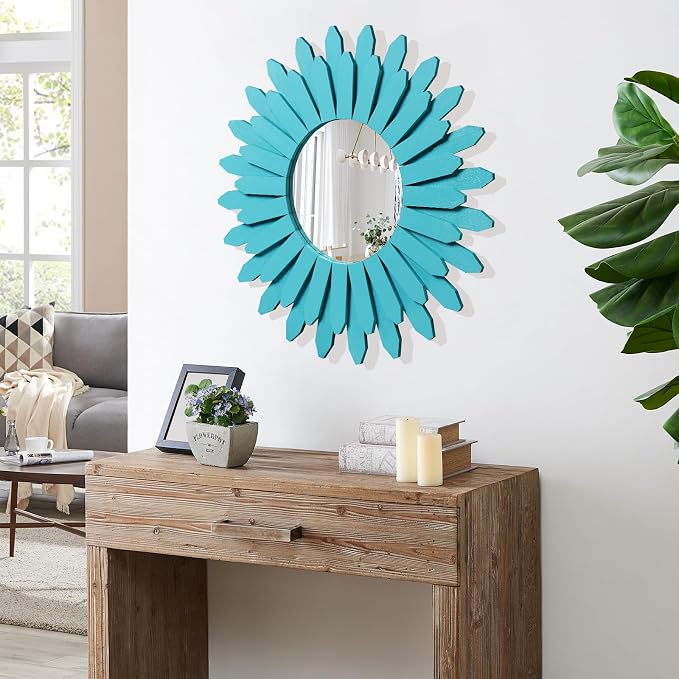 Beach Wall Decor Mirror 21 inch Wood Coastal Wall Decor Sunburst Boho Home Decor Room Decor for Bedroom Living Room Entryway Cyan