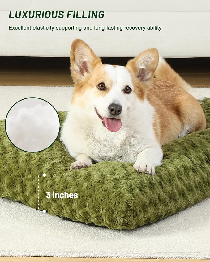 KSIIA Washable Dog Bed Medium Size Dog Crate Bed Pet Mat 29"x21" Green | Deluxe Plush Comfy Kennel Pad, Anti-Slip Bottom,Deep Sleeping Mat for Medium Dogs,Machine Washable for Easy Cleaning