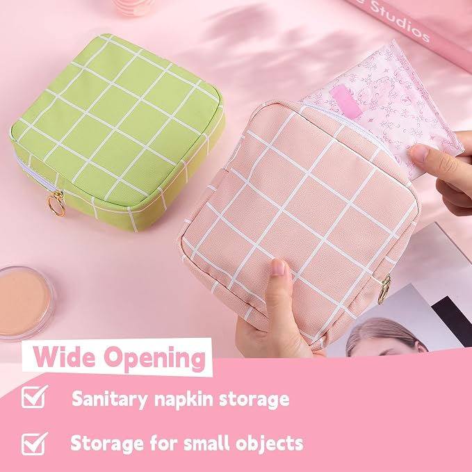 Period Bag Pouch Soft Cloth Sanitary Napkin Storage Bag Portable Menstrual Pad Pouches Tampon Holder for Purse First Period Kit for Girls 9-12 (Purple-White Check)