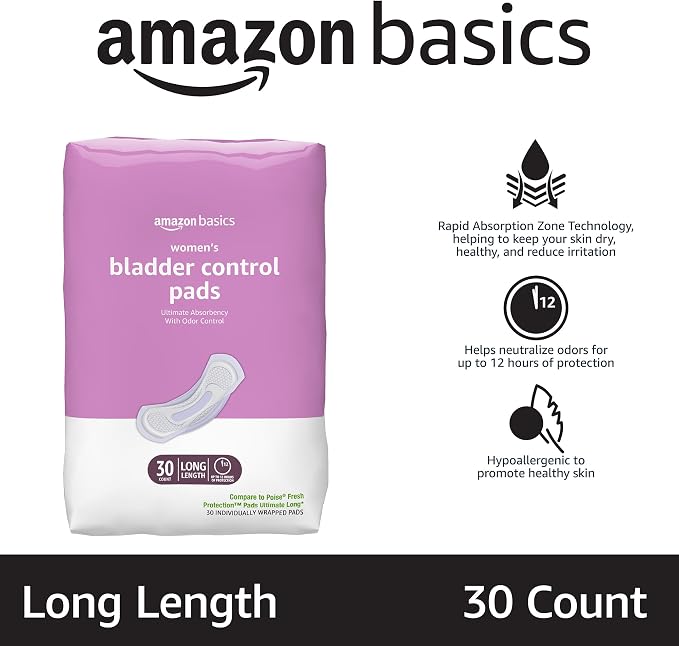 Amazon Basics Incontinence Pads for Women, Long, Postpartum, Bladder Control, Ultimate Absorbency, Fresh Protection, Unscented, 30 Count (Pack of 2)