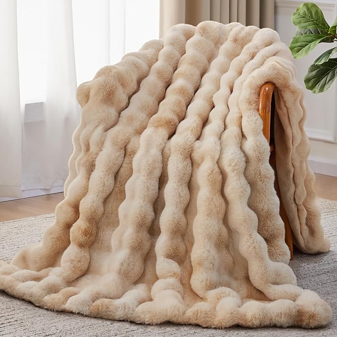 Anysay Faux Fur Throw Blanket,1000GSM Fluffy Soft Bubble Blanket 90''*104'' | Cozy Plush Warm and Thick Blanket for Couch Bed, Fuzzy Rabbit Throw for Living Room Bedroom Camel