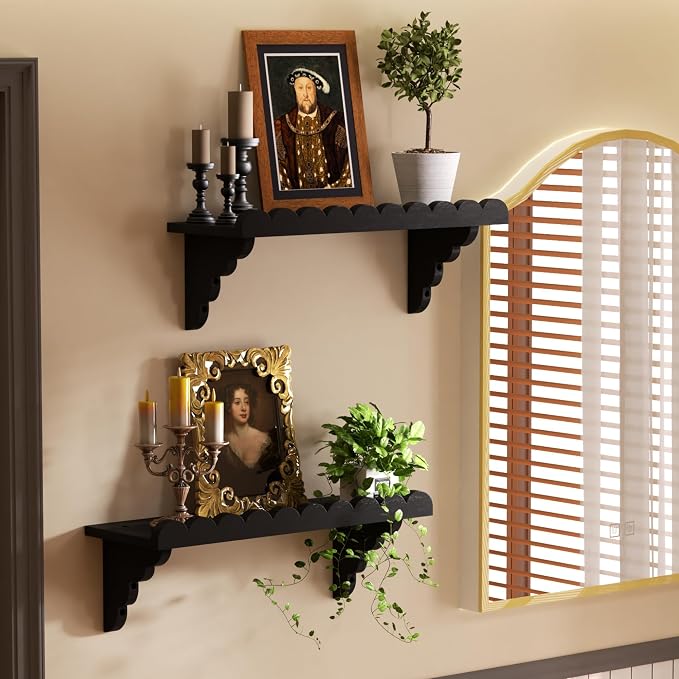 Scalloped Wood Wall Shelf – 17 Inch Floating Shelf with Wood Brackets, Easy to Install Rustic Wall Shelf for Living Room, Bedroom, Bathroom, or Any Space, Black Shelves