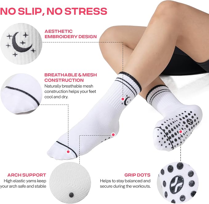 COOLMATE Pilates Socks with Grips for Women, Yoga Socks, Crew Non Slip Women for Barre, Pilates Gifts for Women