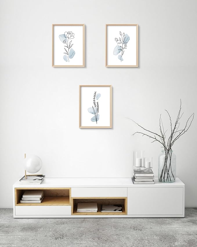 HesenDot Blue Floral Framed Wall Art, Minimalist Botanical Canvas Prints | 12x16IN Set of 3, Wood High Framed Prints, Boho Flowers Artwork, Wall Decor for Living Room Kitchen Bedroom Bathroom